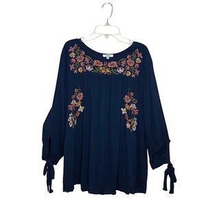 JODIFL Rayon Navy Colorful Embroidery Floral 3/4 Sleeve Flowy versatile Top M